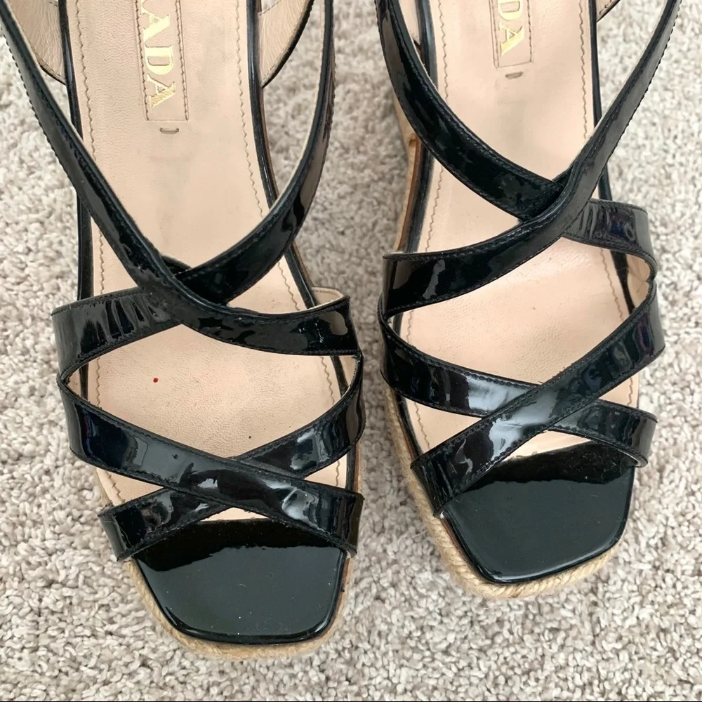 Prada Black Patent Leather Strappy Wedge Sandals